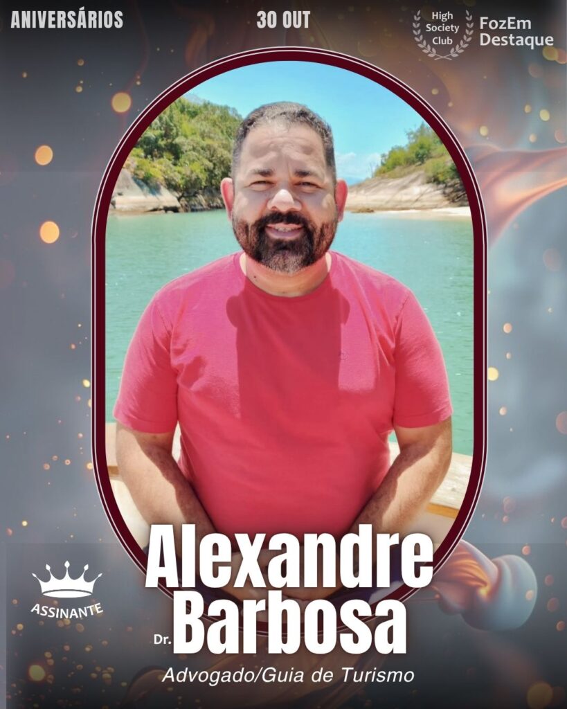 Alexandre Barbosa (Dr.)

Advogado militante em Foz e guia de turismo credenciado, Dr. Alexandre Barbosa é uma figura influente no cenário social. Sua presença ativa em eventos e seu engajamento comunitário o classificam como membro do High Society Club. Ele celebra a data unindo o rigor jurídico ao fascínio pelas belezas da região.

Aniversários FozEmDestaque HighSocietyClub 30/10/2025