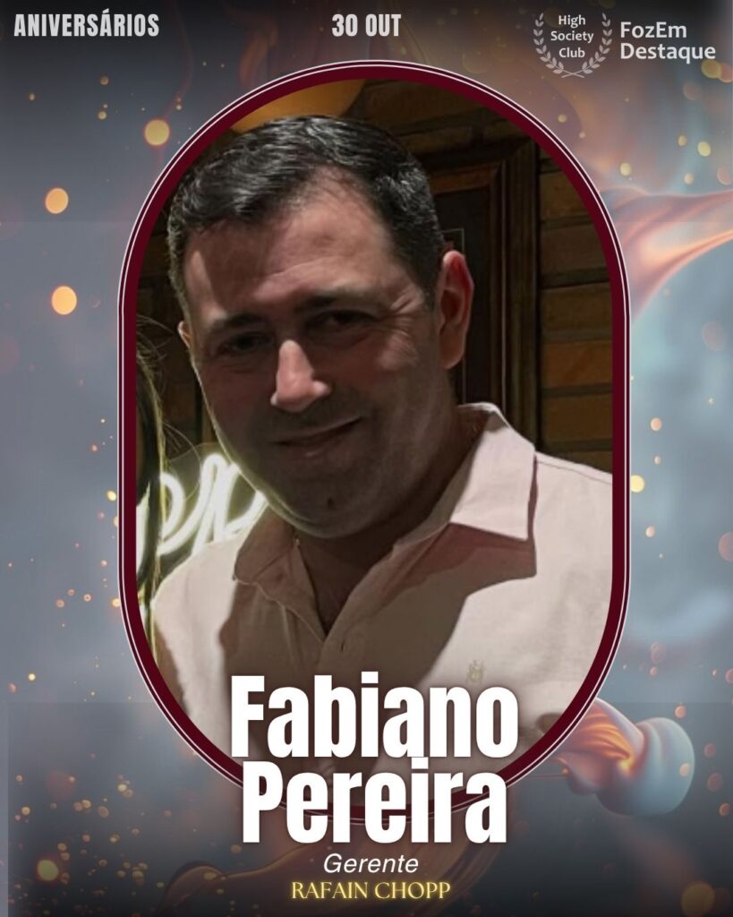 Fabiano Pereira

Como Gerente do renomado Rafain Chopp, Fabiano Pereira é uma figura-chave na gestão de um dos pontos de encontro mais tradicionais e movimentados da gastronomia e entretenimento em Foz. Sua habilidade em gerenciar grandes equipes e satisfazer clientes é celebrada nesta data.
Aniversários FozEmDestaque HighSocietyClub 30/10/2025