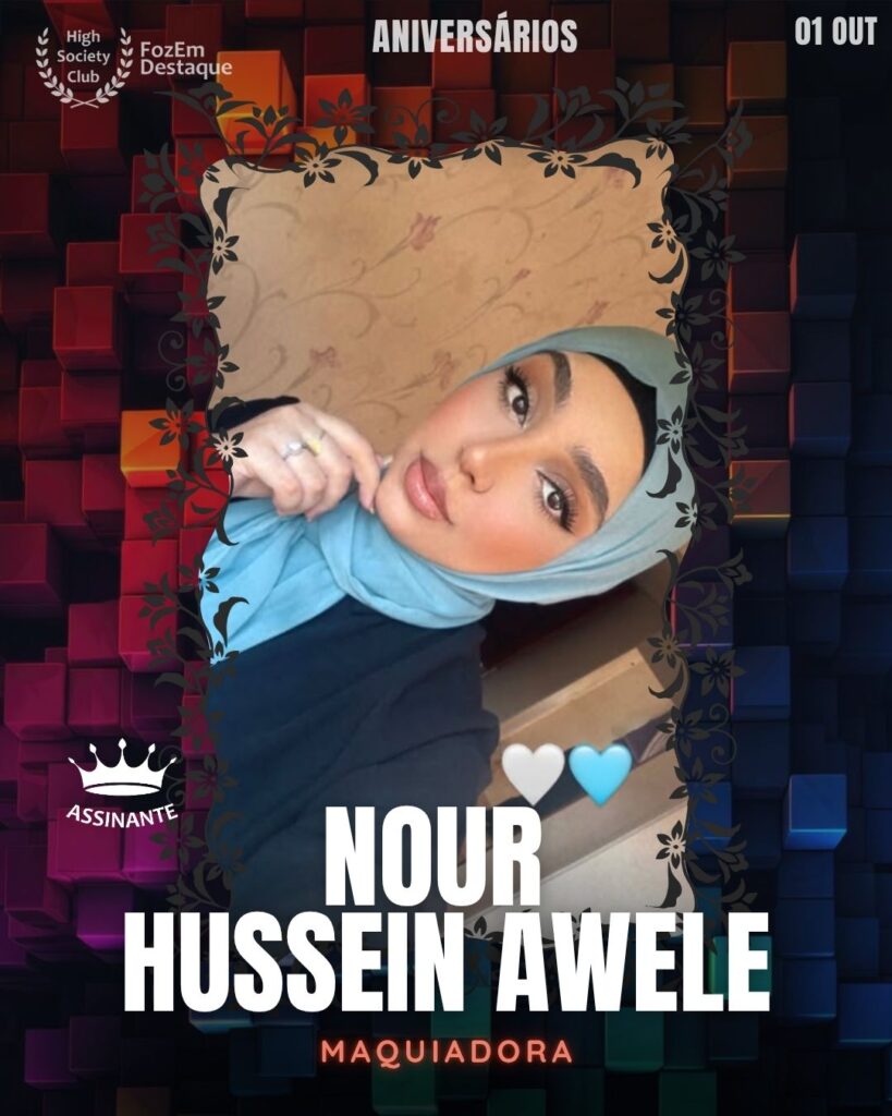 Nour Hussein Awele é uma talentosa Maquiadora profissional e membro do HighSocietyClub. Ela é amplamente reconhecida por sua expertise em transformar e realçar a beleza, destacando-se no cenário de eventos e moda da cidade. Seu portfólio e técnica apurada garantem um lugar de destaque entre os profissionais da beleza em Foz.

 Aniversários FozEmDestaque HighSocietyClub 31/10/2025
