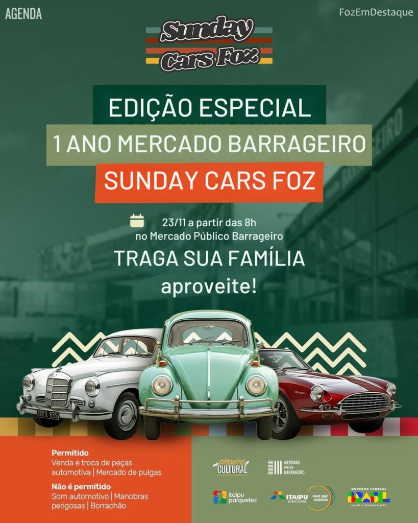 Sunday Cars Foz Mercado
Sunday Cars Foz: Encontro de Máquinas, Rock e Tradição Aquece as Manhãs de Domingo no Mercado Barrageiro