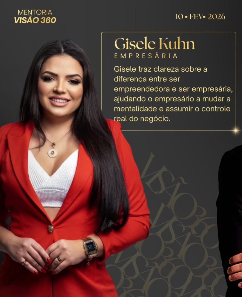 Gisele Kuhn (Empresária): Mentalidade de empresária vs. empreendedora e assumir o controle real do negócio.
Lucas Henz (Liderança): Desenvolvimento de líderes e equipes de alto desempenho com liderança situacional.
Anderson Karkow (Vendas): Método C.O.M., gestão estratégica comercial e processos de vendas.
Nathalie Chavez (Terapeuta): Padrões emocionais nas decisões e terapia nas empresas.
Adrieni Yassine (Neurociência): Comunicação, imagem e posicionamento estratégico para autoridade.
Danielli Arenhart (Finanças): Organização financeira de ponta a ponta.
Erika Rossi (RH e Negócios): Cultura organizacional, propósito e "arrumar a casa".
Bruno Sant Anna (Growth & IA): Inteligência Artificial para automatizar processos e escalar lucros.

Mentoria Visão 360
