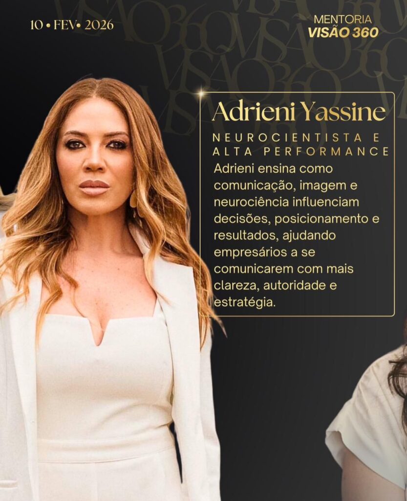 Gisele Kuhn (Empresária): Mentalidade de empresária vs. empreendedora e assumir o controle real do negócio.
Lucas Henz (Liderança): Desenvolvimento de líderes e equipes de alto desempenho com liderança situacional.
Anderson Karkow (Vendas): Método C.O.M., gestão estratégica comercial e processos de vendas.
Nathalie Chavez (Terapeuta): Padrões emocionais nas decisões e terapia nas empresas.
Adrieni Yassine (Neurociência): Comunicação, imagem e posicionamento estratégico para autoridade.
Danielli Arenhart (Finanças): Organização financeira de ponta a ponta.
Erika Rossi (RH e Negócios): Cultura organizacional, propósito e "arrumar a casa".
Bruno Sant Anna (Growth & IA): Inteligência Artificial para automatizar processos e escalar lucros.

Mentoria Visão 360
