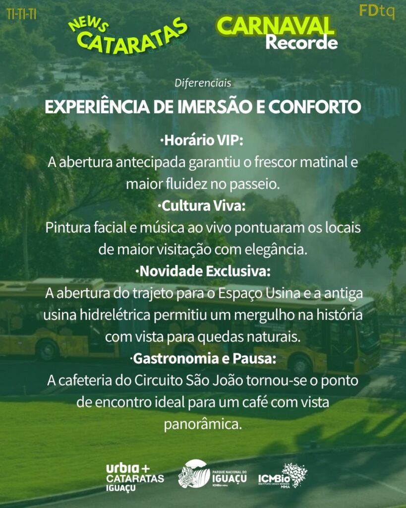 Carnaval nas Cataratas 2026 registra recorde de 38 mil pessoas. Veja os detalhes da visitação histórica no Parque Nacional do Iguaçu.

FozEmDestaque
Foz em Destaque