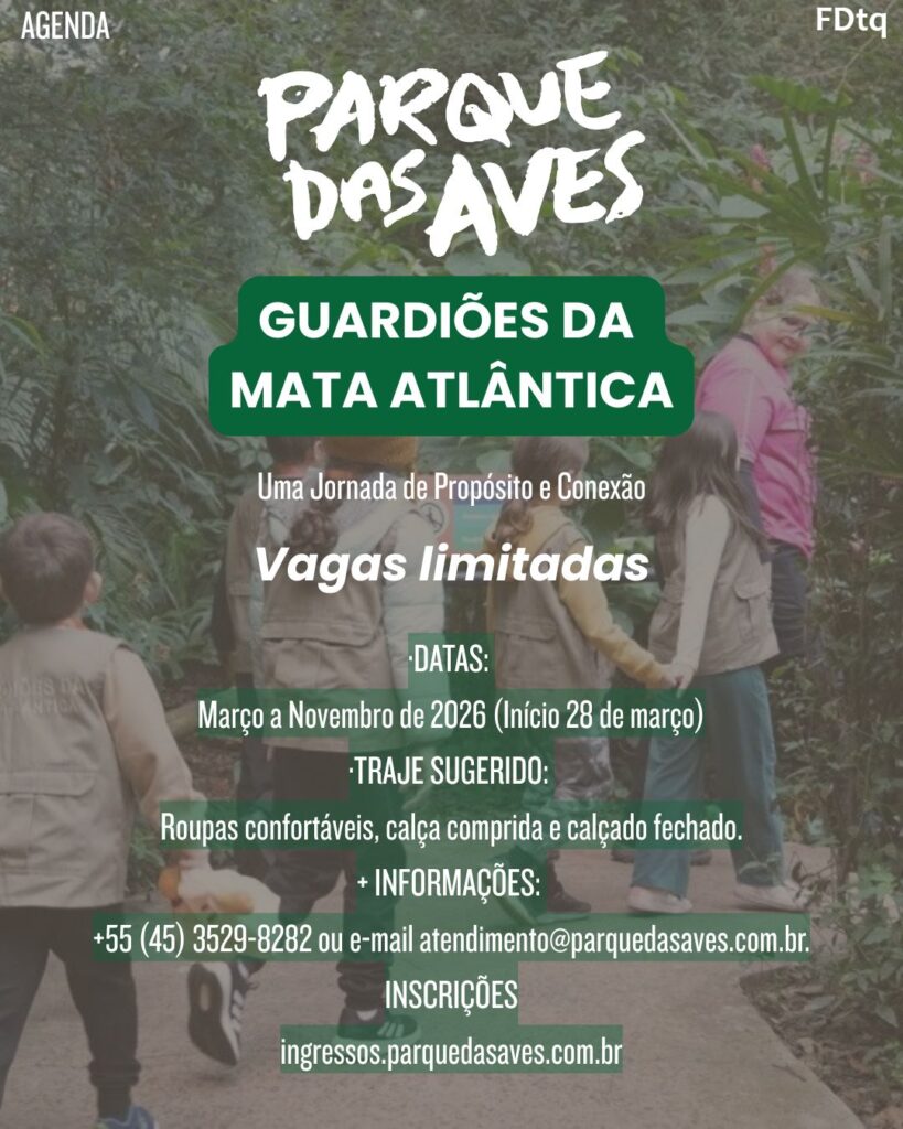 Clubinho Parque das Aves 2026: Inscrições abertas para crianças de 6 a 10 anos. Conecte seu filho à Mata Atlântica com atividades educativas.
Foz em Destaque
FozEmDestaque