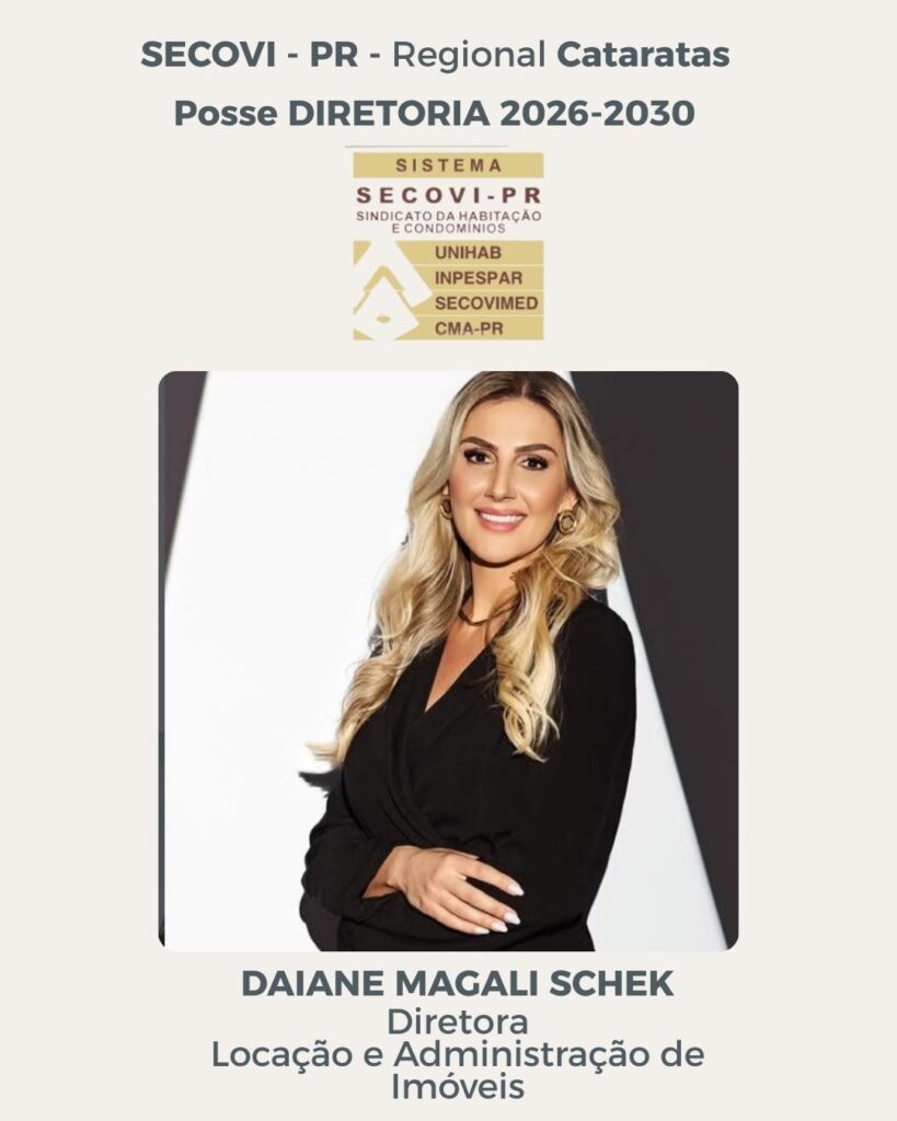 Locação e Administração
Daiane Magali Schek lidera o setor de gestão patrimonial.
Foz em Destaque - FozEmDestaque
]Secovi Cataratas 2026